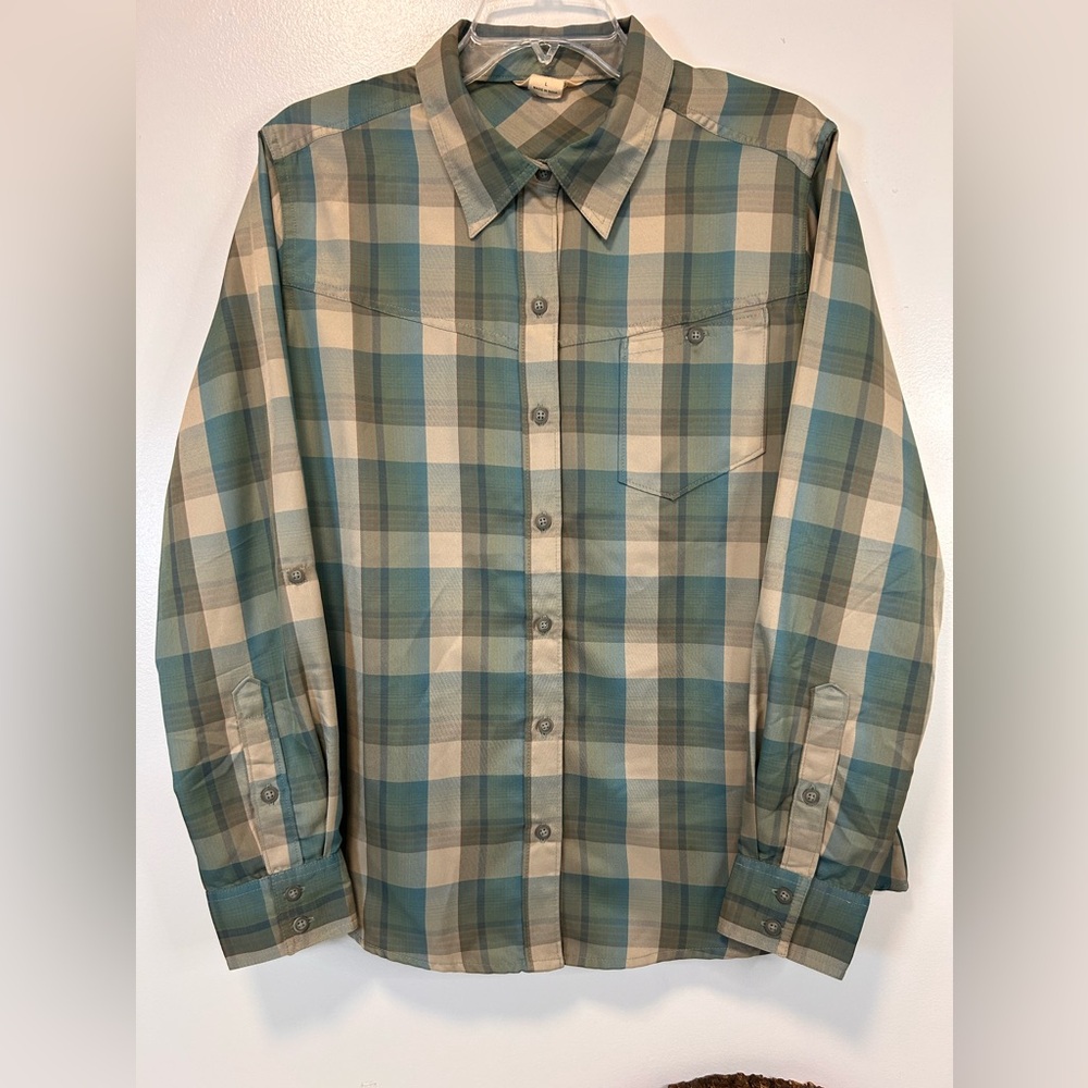Ascend Green Plaid Button Down Polyester‎ Long Sleeve Shirt Women’s Size Large